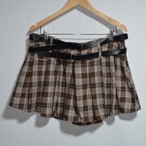 Thorn & Fable Brown & Beige Double Belted Pleated Plaid Skirt XL